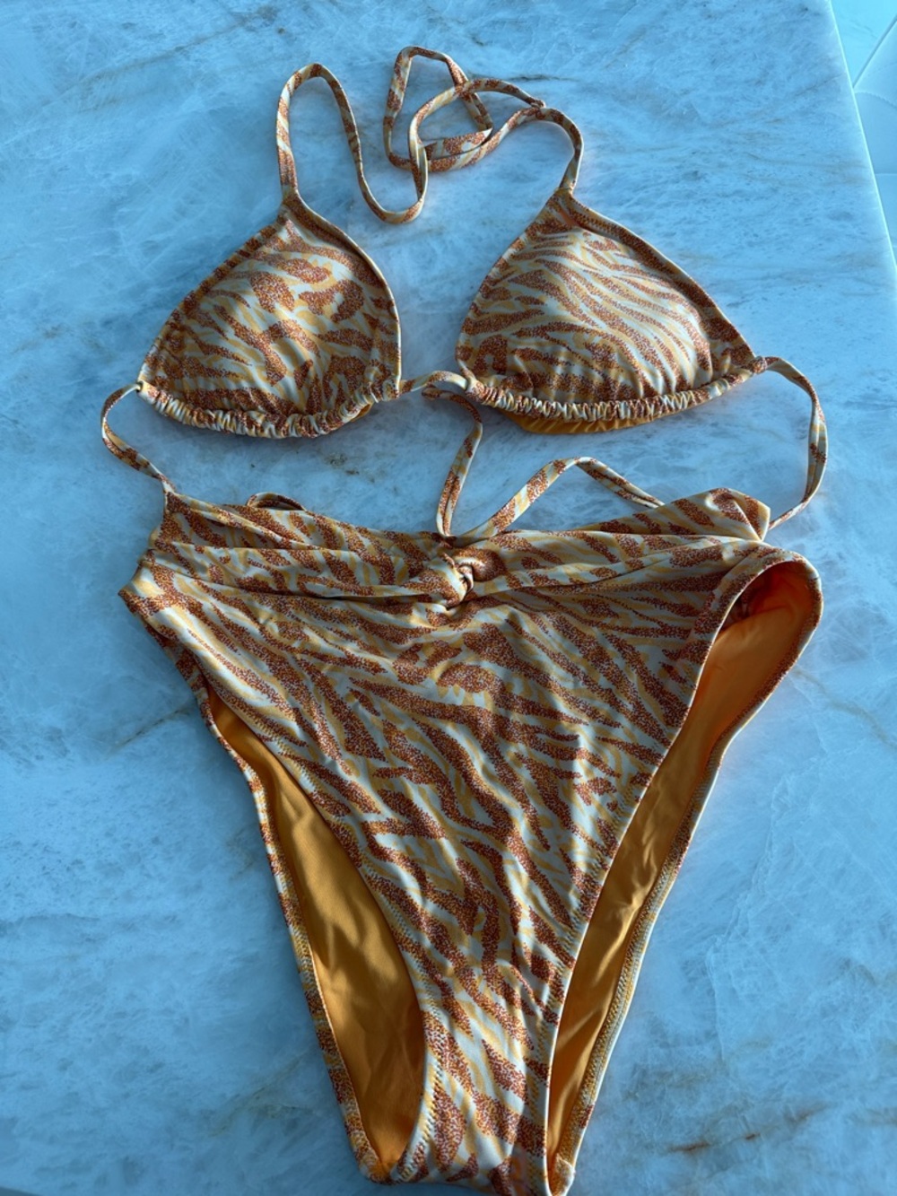 aerie Two-Piece Bikini Set in White and Brown Tiger Print